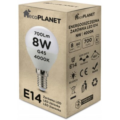 EcoPlanet LED žárovka E14 G45 8W 700lm neutrální bílá – Sleviste.cz