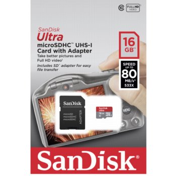 SanDisk Ultra microSDHC 16 GB UHS-I + adapter SDSQUNC-016G-GN6MA