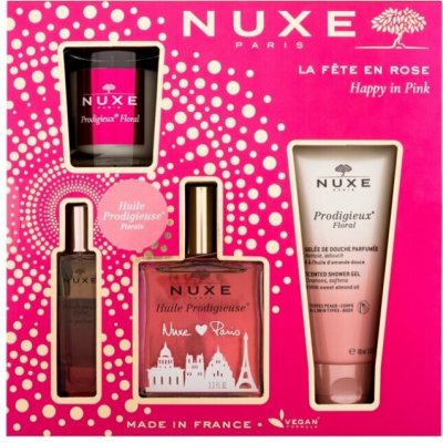 Nuxe Happy in Pink multifunkční olej 100 ml + sprchový gel 100 ml + EDP 15 ml + vonná svíčka 70 g dárková sada
