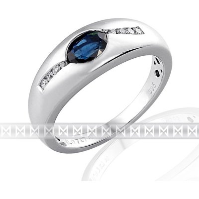 Mohutný zlatý prsten z bílého zlata s diamanty a modrým safírem 585/3