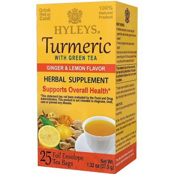 Hyleys Turmeric with Green Tea Herbal Supplement Ginger & Lemon přebal 25 x 1,5 g