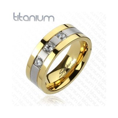 Šperky eshop Titanový prsten zlato-stříbrný tři zirkony F1.4 – Zboží Mobilmania