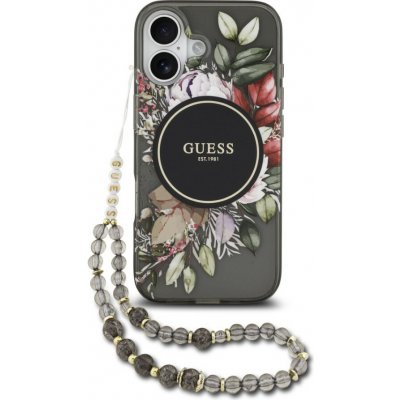 Guess zadní kryt s popruhem na ruku pro iPhone 17, IML Flowers MagSafe - černá – Zboží Mobilmania