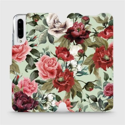 Pouzdro Mobiwear parádní flip Xiaomi Mi A3 - MD06P Růže a květy na světle zeleném pozadí