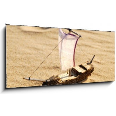 Obraz 1D panorama - 120 x 50 cm - wooden sail ship toy model in the sea sand dřevěná plachetnice model hračky v mořském písku – Zboží Mobilmania