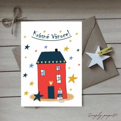 Vánoční přání s obálkou - Červený domek – Zboží Dáma