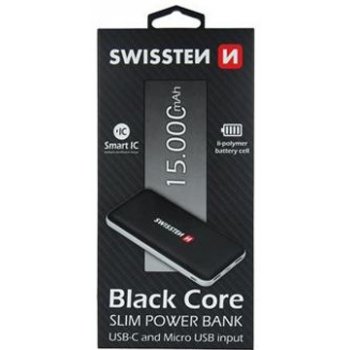 Swissten BLACK CORE SLIM POWER BANK 15000 mAh USB-C INPUT