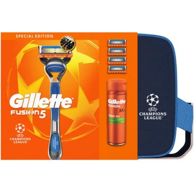 Gillette Fusion5 gel na holení 200 ml + Fusion5 Champions League holicí strojek 1 ks + Gillette Fusion5 náhradní břity 4 ks + kosmetická taška 1 ks – Sleviste.cz