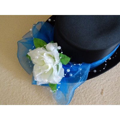Cylindr černý - organza modrá královská a bílá růže – Hledejceny.cz