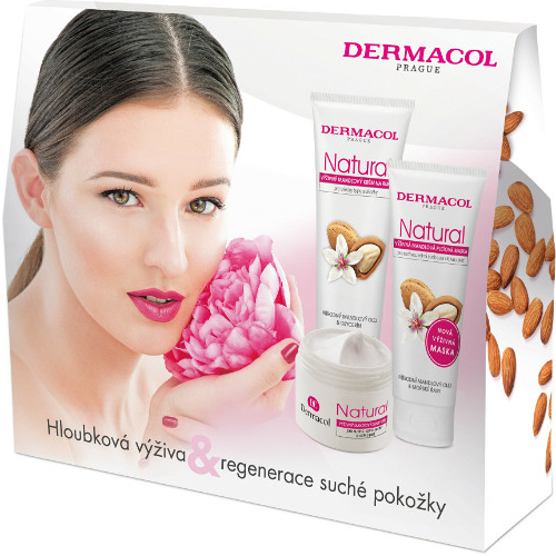 Dermacol Natural mandlový denní krém pro suchou a citlivou pleť 50 ml + mandlový krém na ruce 100 ml + mandlová pleťová maska pro velmi suchou a citlivou pleť 100 ml + taška dárková