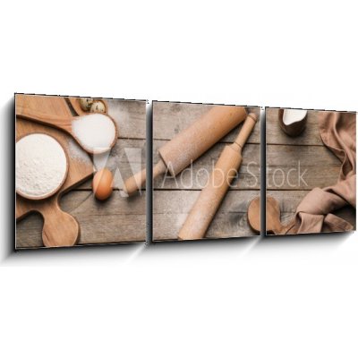 Obraz 3D třídílný - 150 x 50 cm - Ingredients for cookies and rolling pins on wooden background Ingredience pro sušenky a válečky na dřevěné pozadí – Hledejceny.cz