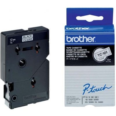 Brother TC-101, 12mm, černý tisk/průsvitný podklad - originální páska laminovaná – Zboží Mobilmania
