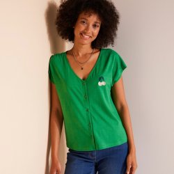 Blancheporte Tričko na knoflíčky s výstřihem do „V“ výšivka třešní zelená