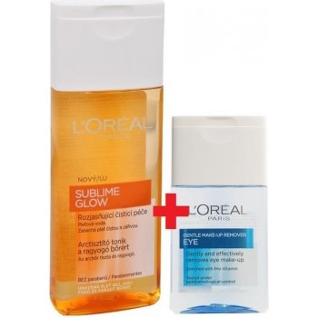 L'Oréal Paris Sublime Glow rozjasňující čistící pleťová voda pro unavenou pleť 200 ml + jemný odličovač očí 125 ml dárková sada