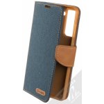 Pouzdro 1Mcz Canvas Book flipové pouzdro pro Samsung Galaxy S21 FE tmavě modrá hnědé dark blue camel