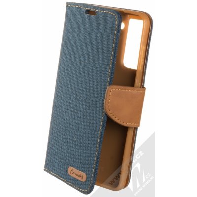 1Mcz Canvas Book flipové pouzdro pro Samsung Galaxy S21 FE tmavě modrá hnědé dark blue camel – Zboží Mobilmania