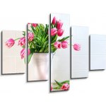 Obraz pětidílný 5D - 150 x 100 cm - Pink tulips in white metal container Růžové tulipány v bílém kovovém kontejneru – Sleviste.cz