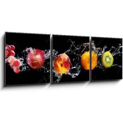 Obraz 3D třídílný - 150 x 50 cm - Set of fresh fruits in water splash isolated on black background Sada čerstvého ovoce v stříkající vodě izolované na černém pozadí – Zbozi.Blesk.cz