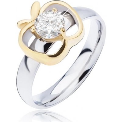 Šperky eshop ocelový prsten stříbrné zlatý obrys jablka s kulatým čirým zirkonem L13.08 – Hledejceny.cz