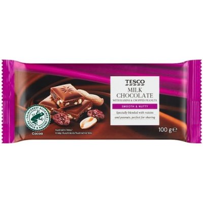 Tesco Mléčná čokoláda s rozinkami a sekanými arašídy 100 g – Zboží Dáma