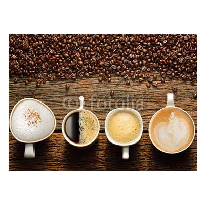 WEBLUX 70894369 Fototapeta plátno Variety of cups of coffee and coffee beans on old wooden table Rozmanitost šálků kávy a kávových zrn na starém dřevěném stole rozměry 160 x 116 cm – Zboží Mobilmania