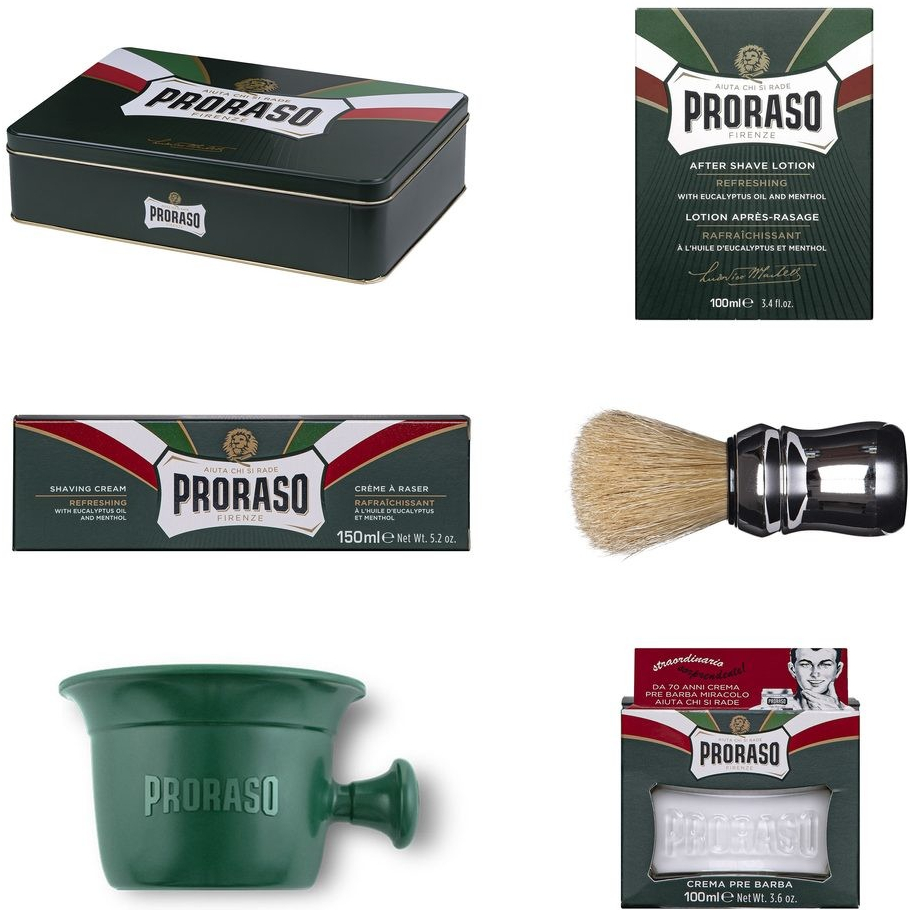 PRORASO Green dárková kazeta pro muže krém před holením Green 100 ml + krém na holení Green 150 ml + voda po holení Green 100 ml + štětka na holení 1 ks + miska 1 ks + plechová dóz