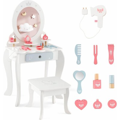 COSTWAY Dětský toaletní stolek dřevěný toaletní stolek 2 v 1 se stoličkou odnímatelným zrcadlem zásuvkami a doplňky kosmetická skříňka princezna pro děti od 3 let – Hledejceny.cz