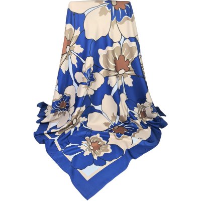 Classic Scarf dámský modrý květinový šátek velký modré hnědé a béžové květy – Zboží Mobilmania