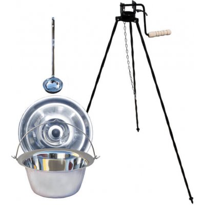 Green home kotlík na guláš nerez 8 l INOX 0,8 mm, Green home speciální trojnožka s pojistný kladkou VAR 1,25 m na kotlík, Green home poklice nerez 33 cm INOX, Green home naběračka nerez INOX – Sleviste.cz