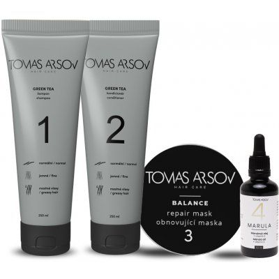 Tomas Arsov GREEN TEA pro jemné a mastící se vlasy GREEN TEA Šampon 250 ml + Kondicionér 250 ml + BALANCE Obnovující maska 100 ml + MARULA Marulový olej s vitamínem E 50 ml set – Sleviste.cz
