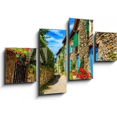 Obraz 4D čtyřdílný - 100 x 60 cm - Beautiful colorful medieval alley in Yvoire town in France Krásná barevná středověká ulička ve městě Yvoire ve Francii
