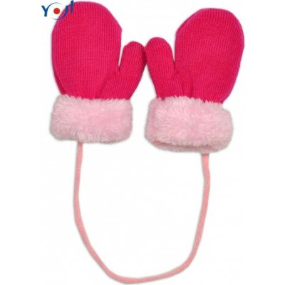 YO! Zimní kojenecké rukavičky s kožíškem se šňůrkou malinové/růžový kožíšek