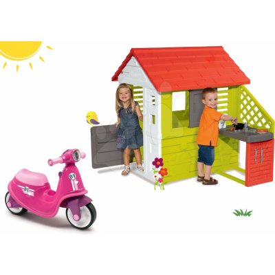 Smoby set Scooter Pink s gumovými koly a domeček Pretty Nature s letní kuchyňkou a okenicí 721002-12 – Zboží Mobilmania