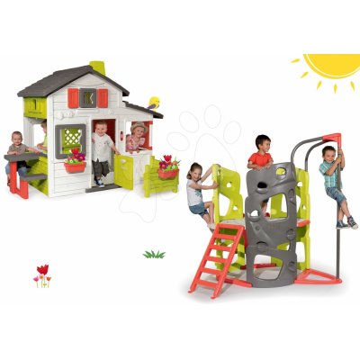 Smoby Set domček Priateľov s predzáhradkou+preliezačka Multi-Activity Tower so šmykľavkou SM310209-11 – Sleviste.cz