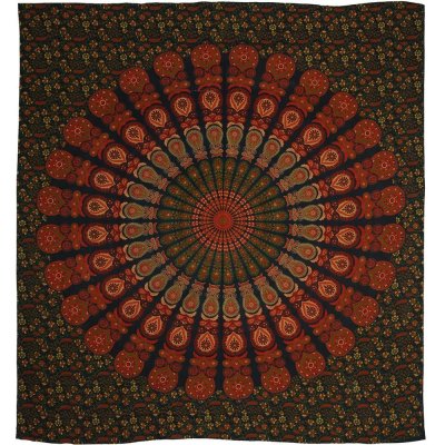 BOB Batik přehoz na postel indický Peacock Mandala zeleno červený bavlna King size 220 x 200 cm – Zboží Dáma