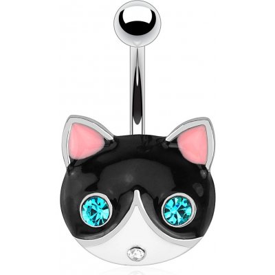 Šperky eshop piercing do pupíku z chirurgické oceli kočka s výraznýma modrýma očima a černobílou hlavou SP16.23 – Zboží Mobilmania