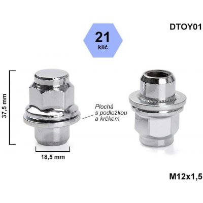 Kolová matice M12x1,5 zavřená, plochá podložka, Toyota, klíč 21, DTOY01P, výška 37,5 mm – Sleviste.cz