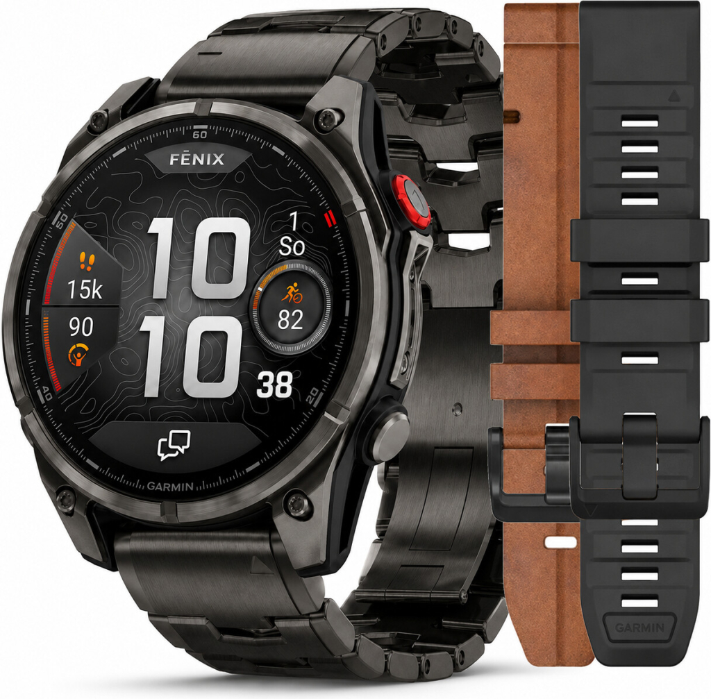 Garmin Fēnix 8 Pro – Premium Bundle, 47 mm, AMOLED Sapphire, Carbon grey DLC titanium náramek + hnědý kožený řemínek + silikonový řemínek Black/Pebble Grey 010-03198-40 SET