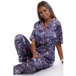 Modro růžové klasické luxusní pyžamo dámské ze saténu - květinové listí 1E8467 – Zboží Mobilmania