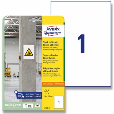 Avery Zweckform L7877-20 etikety s vysokou lepivostí 210 x 297 mm 20 etiket bílé – Sleviste.cz