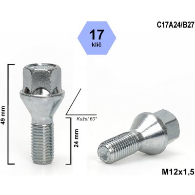 Kolový šroub M12x1,5x24 kužel, klíč 17, C17A24/B27, DACIA, NISSAN, RENAULT výška 49 – Zboží Mobilmania