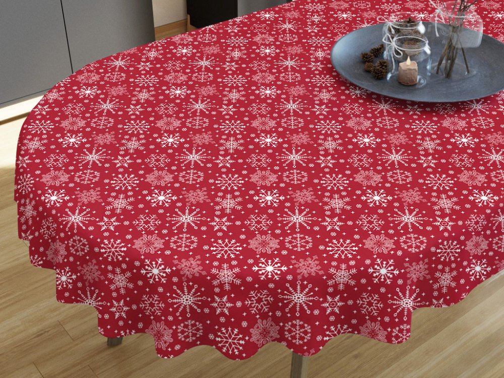 Goldea vánoční bavlna ubrus vzor sněhové vločky na červeném oválný 140x280  cm | Srovnanicen.cz