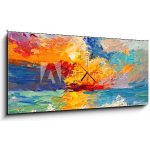 Obraz s hodinami 1D panorama - 120 x 50 cm - Oil painting of the sea, multicolored sunset on the horizon, watercolor Olejomalba moře, vícebarevný západ slunce na obzoru,