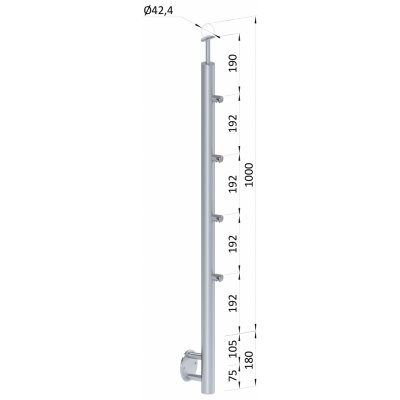 Nerezový sloup, boční kotvení, 4 řadový průchodný, venkovní, vrch pevný, (ø 42,4x2 mm), broušená nerez K320 / AISI316