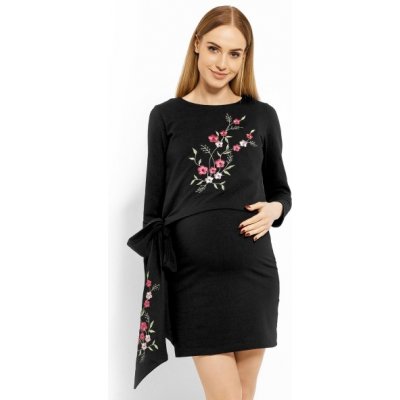 Be MaaMaa elegantní těhotenské šaty tunika s výšivkou a stuhou kojící černé