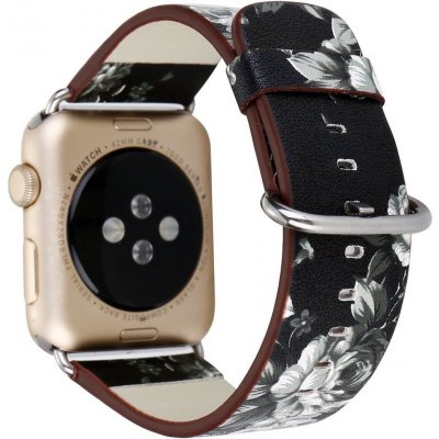 eses Kožený květinový řemínek pro Apple Watch - Černo bílý 42mm, 44mm, 45mm, 49mm