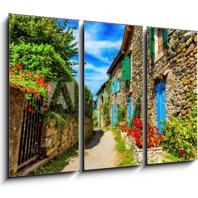 Obraz 3D třídílný - 105 x 70 cm - Beautiful colorful medieval alley in Yvoire town in France Krásná barevná středověká ulička ve městě Yvoire ve Francii