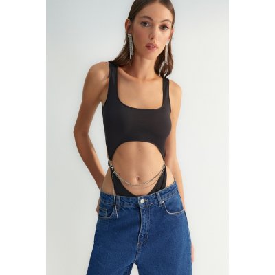 Trendyol X Zeynep Tosun černé tělo s vysokým výstřihem a detaily řetízku modré – Zboží Mobilmania