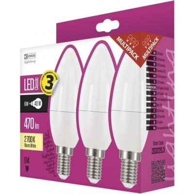 Emos LED žárovka CANDLE, 6W/40W E14, WW teplá bílá, 470 lm, Classic A+, 3 PACK