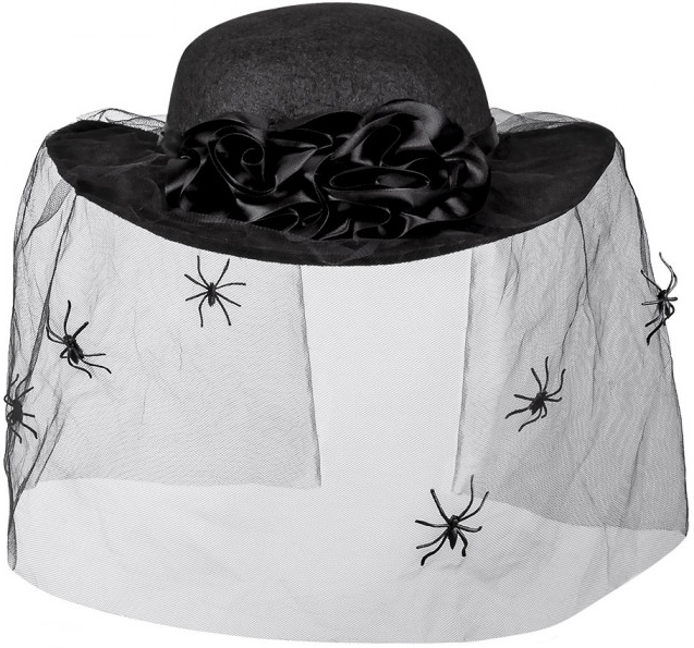 Černý smuteční dámský klobouk se závojem,růží a pavouky od 299 Kč -  Heureka.cz